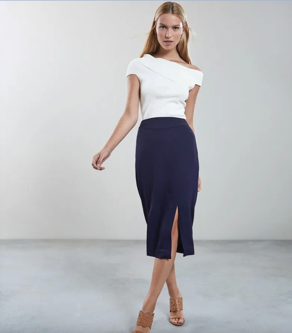 REISS Beau Double Split Pencil Skirt Size 10 NEW Navy Blue $245 Midi